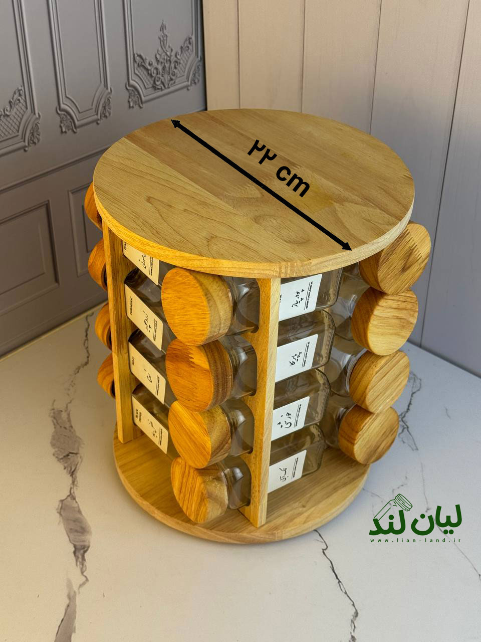 پک کامل استند چوبی 16 تایی گردان رابروود + 16 عدد شیشه مک کارتی با درب چوبی + 16 عدد لیبل (چاپ سفارشی با هر اسمی که شما خواسته باشید) + 16 عدد سری نمک پاش
